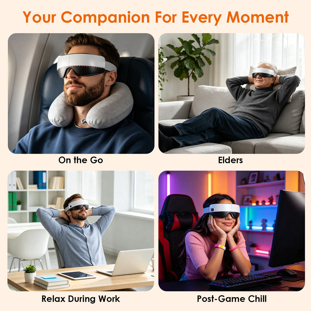 Foldable eye massager with soothing features