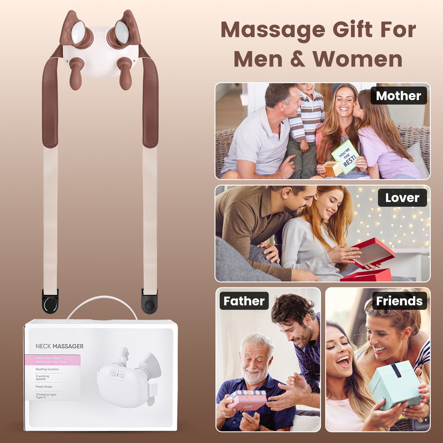 Cordless neck massager with heat