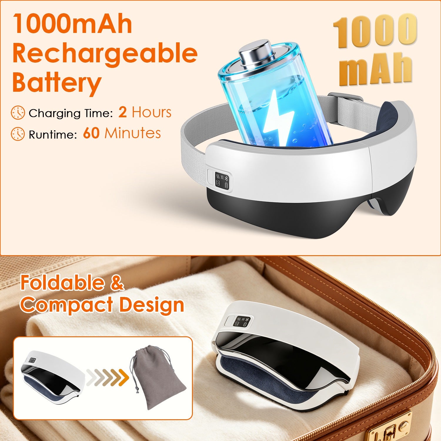 Foldable eye massager with soothing features