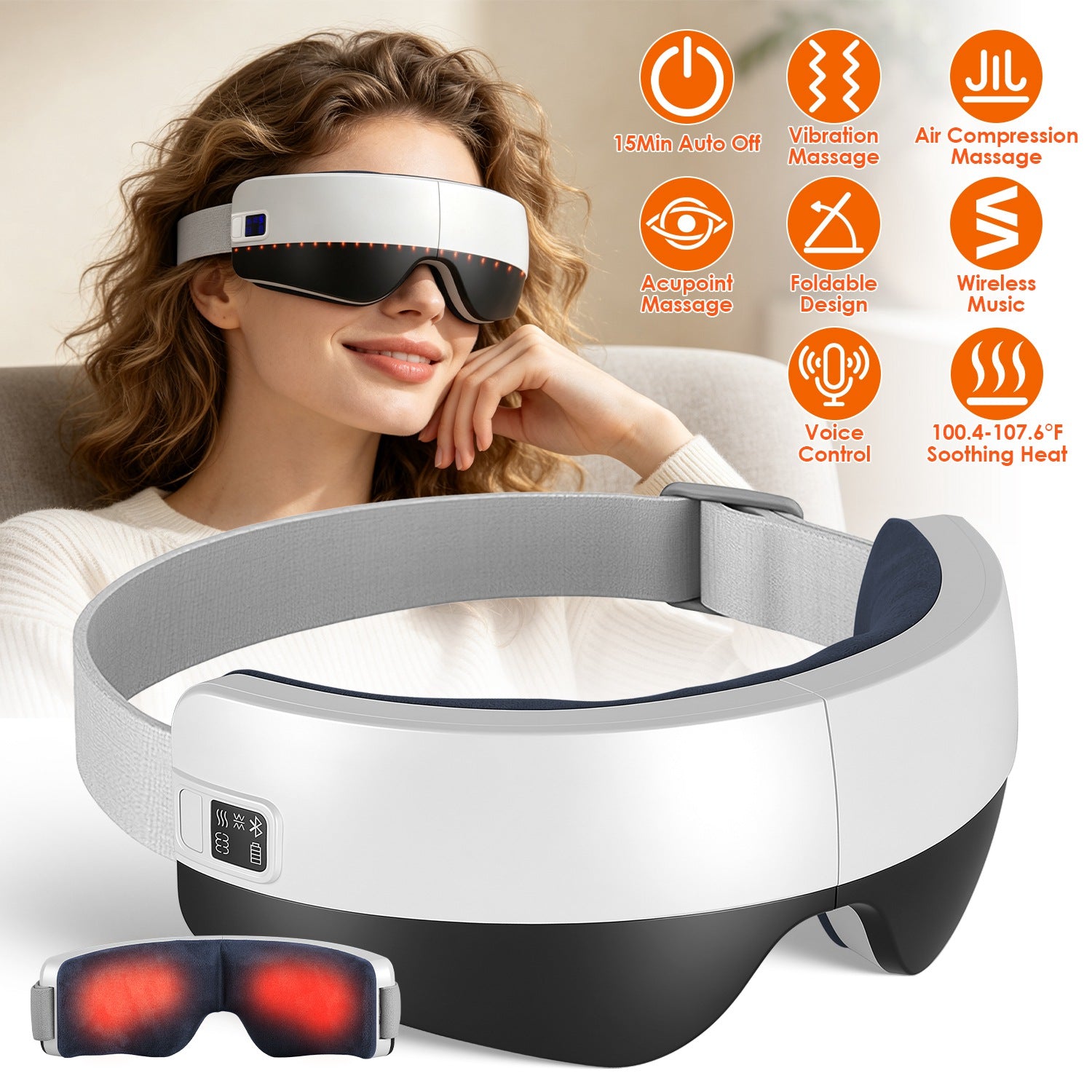 Foldable eye massager with soothing features