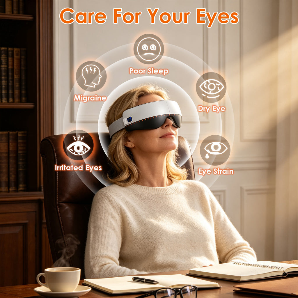 Foldable eye massager with soothing features