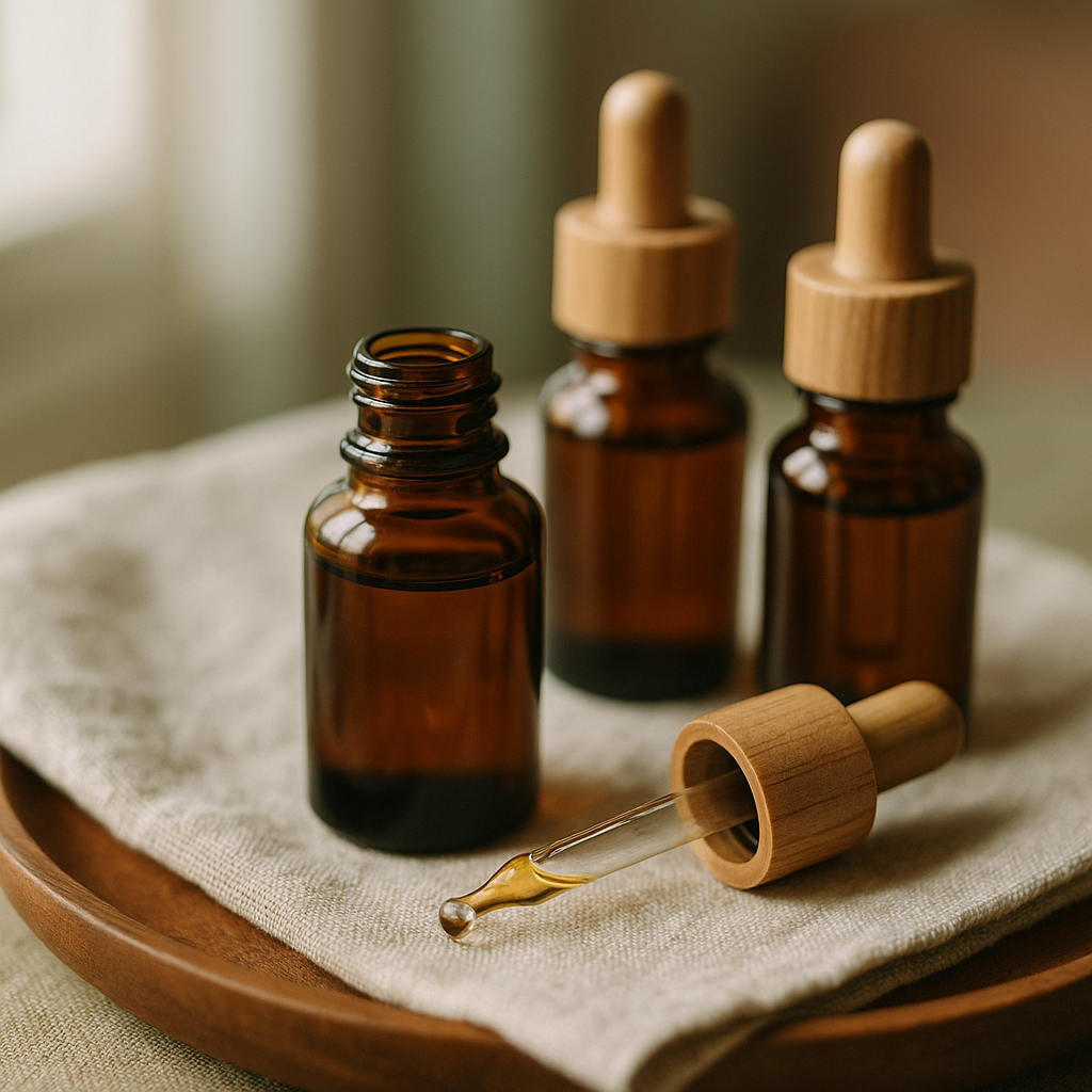 Amber glass essential oil bottles with wooden dropper caps on a linen cloth