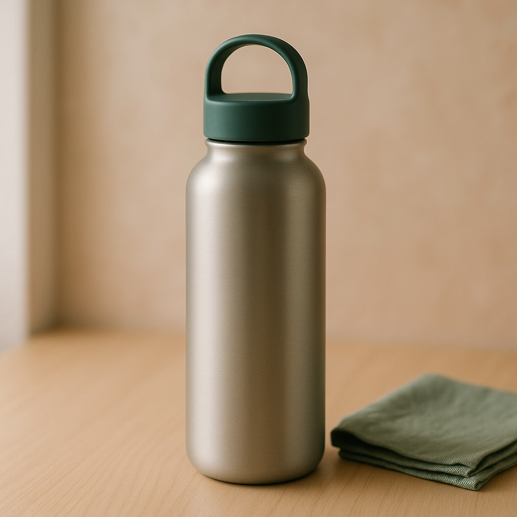 Matte stainless steel insulated water bottle with dark green handle